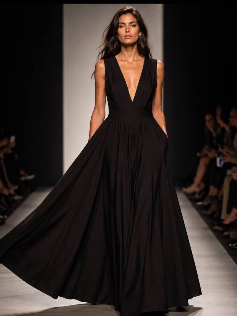 Elegant Black Deep-V Maxi Dress Playful with subtle pockets - invites twirling